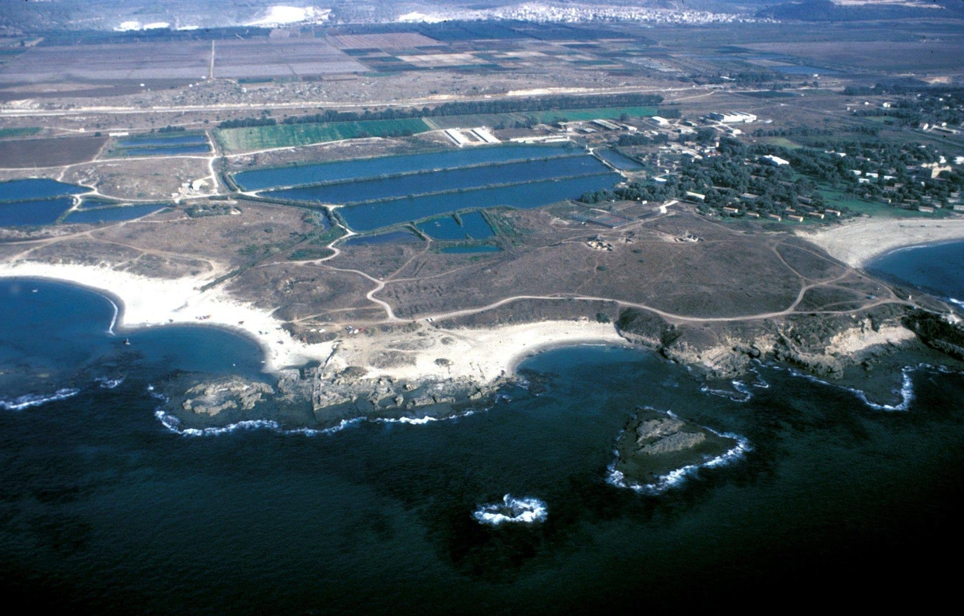 Tel Dor, the ancient port site on the Israeli coast south of Haifa, seen from the air or shore
