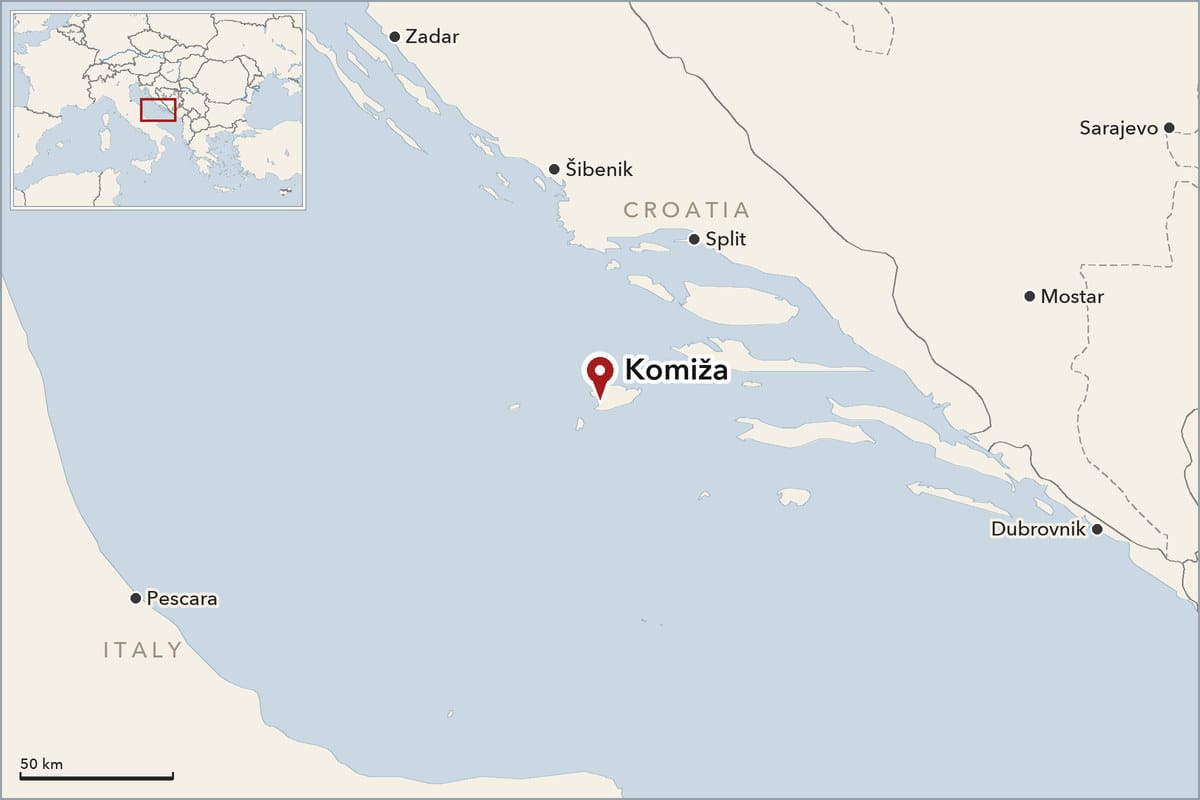 Map showing where Komiža is