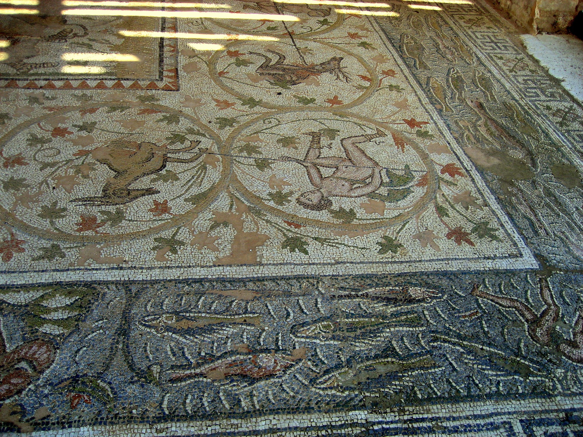A section of the early Christian mosaic floor at Nicopolis, showing geometric and floral patterns