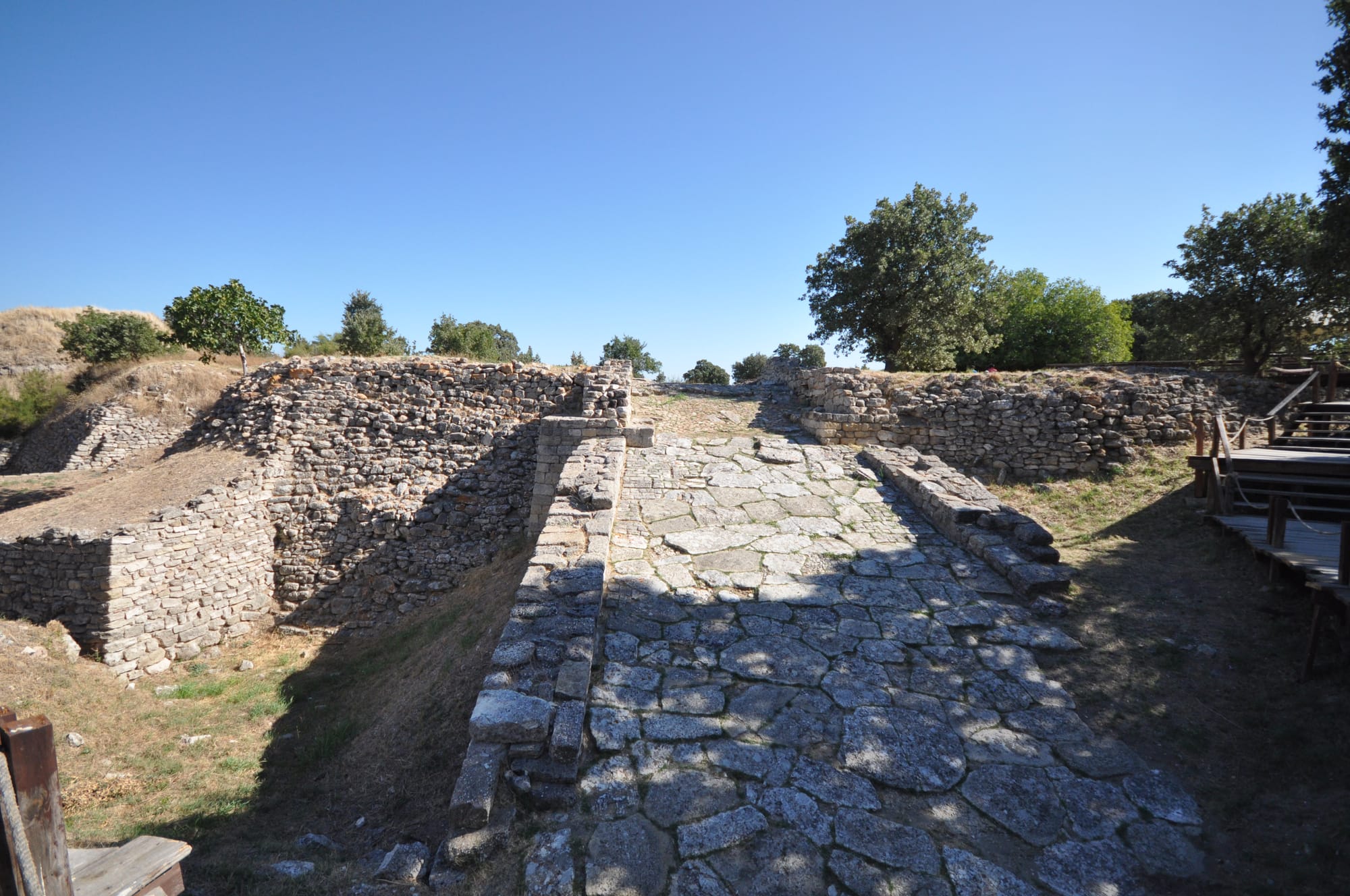 The archaeological site of Troy, Çanakkale, seen from a distance, showing the excavated area and sur